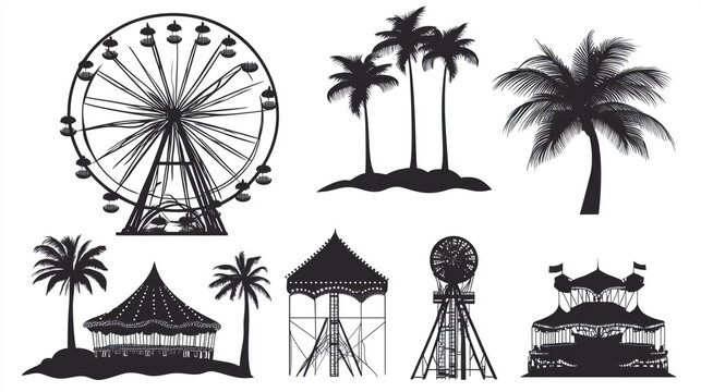 Vector icon set of Ferris wheel silhouettes, palm trees, and beach elements on white background; ideal for theme parks, fairgrounds, or tropical travel logo design, clean and minimal