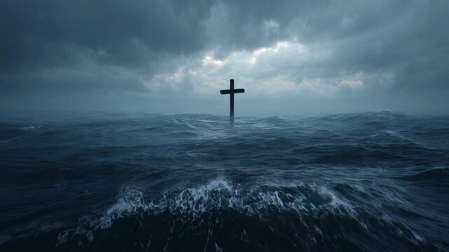 Concept photo of a cross surrounded by a dark stormy sea, but still standing strong and resolute as a symbol of unwavering faith through difficult times.