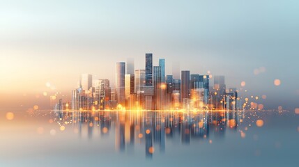 Fototapeta premium Modern skyline reflected in tranquil waters urban landscape evening glow serene environment aerial view cityscape concept