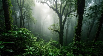 Obraz premium Lush Green Forest with Misty Fog Covering Tall Trees and Dense Vegetation in Natural Jungle Setting