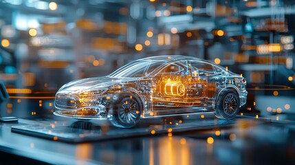 Automotive innovation showcase digital workshop 3d car model high-tech environment close-up view future concept