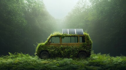Eco-friendly van in lush forest nature photography travel adventure serenity environmental awareness