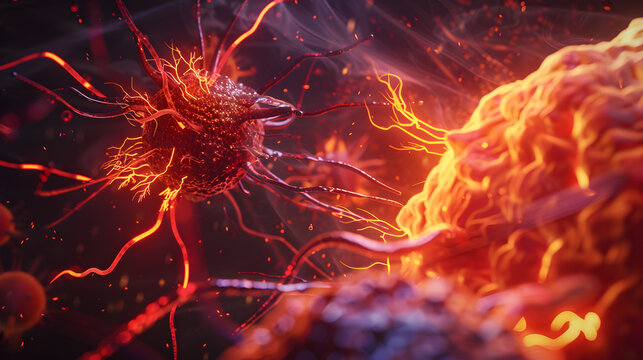 A glowing 3D illustration of cancerous cell