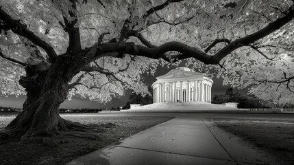 Historic Monument Framed by Cherry Blossom Tree in Black and White