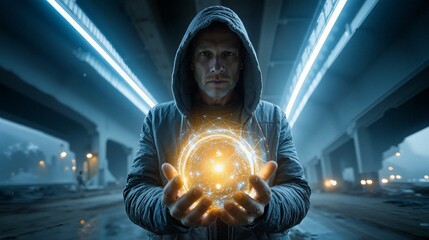 Man Holding Glowing Orb in Gritty Urban Environment