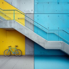 Vibrant Urban Staircase with Blue Bicycle Against Colorful Concrete Walls
