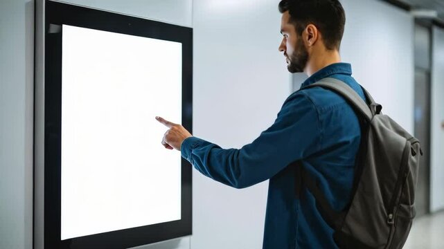 Young adult browsing interactive digital kiosk with touch screen, wearing denim shirt and backpack at transit hub, pointing finger.