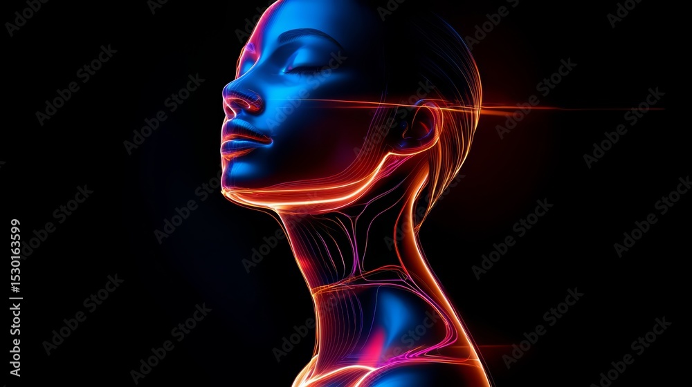 Poster woman's face is shown in a blue and red color scheme. the image has a futuristic and abstract feel t
