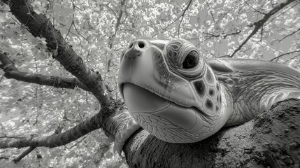Close-Up of Sea Turtle Resting on Tree Branch in Natural Setting