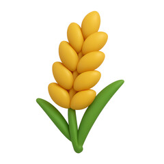 A stylized 3D rendering of a wheat stalk, golden grains, green leaves, isolated on white.