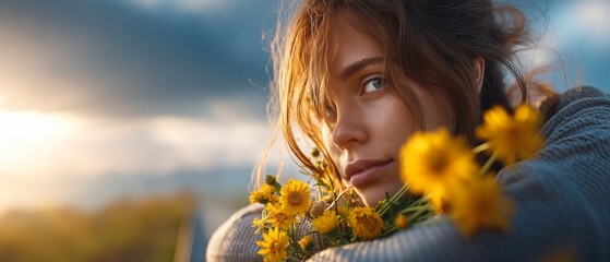 Thoughtful Young Woman Surrounded by Flowers at Sunset