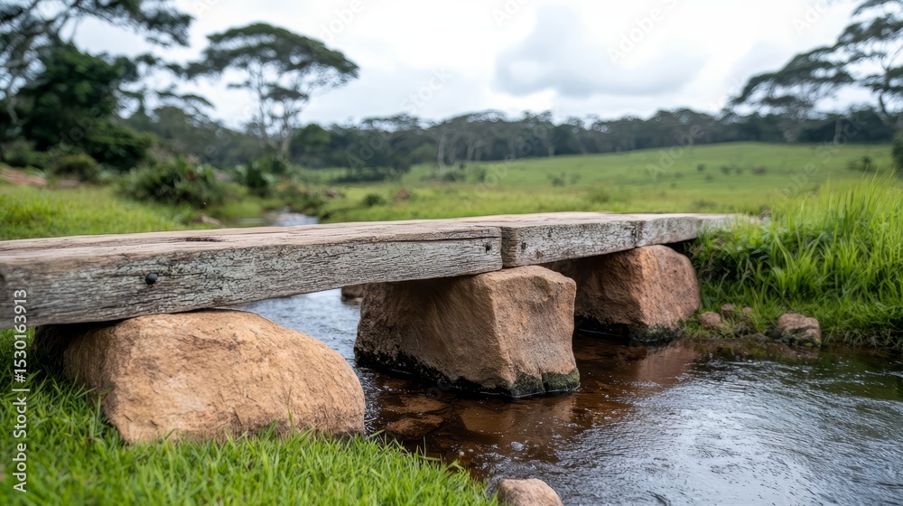 Poster wooden bridge spans a river with a grassy field in the background. the bridge is made of wood and ro