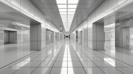Futuristic White Hallway with Glass Walls and Bright Lighting