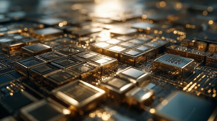 Macro View of a High-Tech Circuit Board with Golden Components