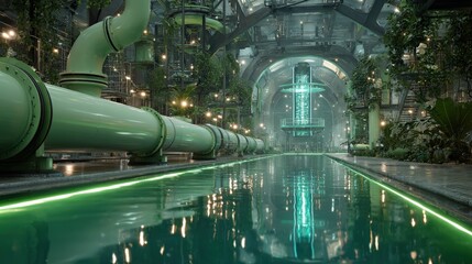 Futuristic Pipeline System with Renewable Energy Technology, Bioluminescent Glow, and Holographic Data in a Smart Eco-Industrial Facility.