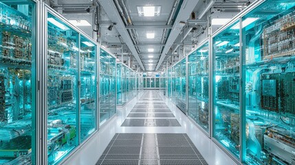 High-Tech Data Center with Glass Walls and Advanced Equipment