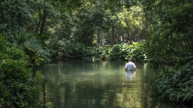 A tranquil pond surrounded by lush green foliage, where a person is being baptized by immersion, fully surrendering themselves to Gods love and grace.