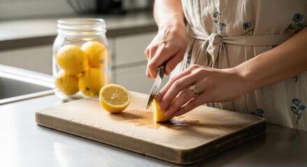 Close-Up A woman cuts fresh lemon in a clean and modern kitchen