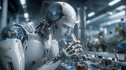 Futuristic Robot Drinking Water in Advanced Laboratory