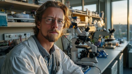 Focused Male Scientist in Laboratory with Microscopes and Equipment