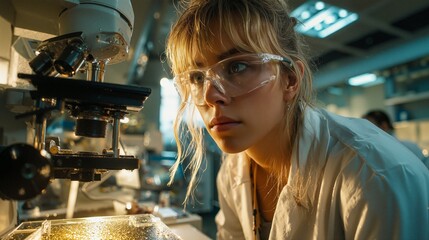 Determined Female Scientist Observing Samples Under Microscope