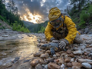 Man Reflecting by River with Turtle at Sunset