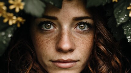 Close-up of a young woman with green eyes and freckles surrounded by greenery