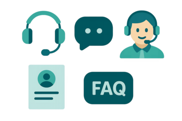 Support icon pack: headset, chat bubble, agent avatar, contact form, FAQ