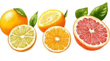 Obraz premium Hand-drawn vector style illustrations of detailed citrus fruits, showcasing healthy food sketches perfect for summer-themed designs and natural product packaging