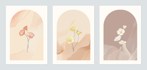 Flower wall art set, minimalist delicate California Poppy flowers within an arched abstract background