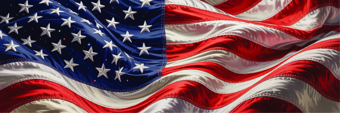 Stunning Artistic Close-Up of Waving American Flag with Vibrant Red, White, and Blue Colors, Realistic Texture and Patriotic Details