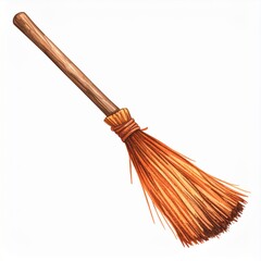Brown Straw Broom with Wooden Handle on White Background