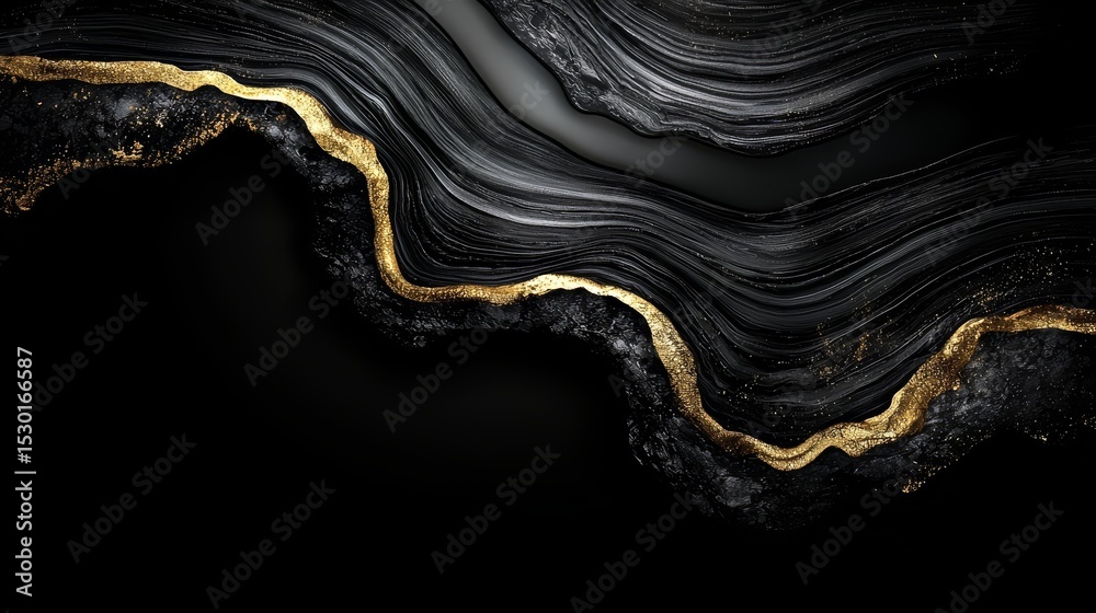 Poster black and gold swirl with a gold line in the middle. the gold line is the focal point of the image, 