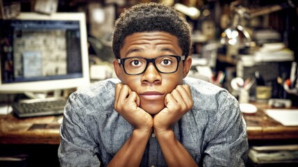 Fototapeta premium Young man with glasses looking worried while sitting at a cluttered desk in an office environment
