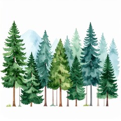 Fototapeta premium Watercolor Painting of Lush Evergreen Forest with Blue Mountains