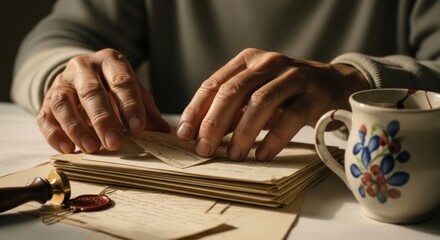 Fototapeta na wymiar Close-Up of a Man Organizing Old Love Letters by Candlelight on a Wooden Table
