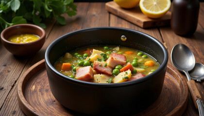 Rustic vegetable soup with ham in black bowl on wooden table