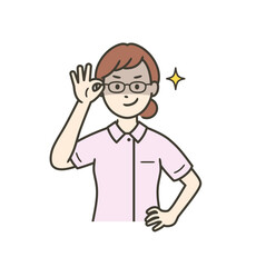 眼鏡を上げて悪巧みしてニヤける若い女性看護師