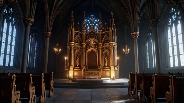 Grand throne inside cathedral or gothic church with pews, columns, windows, and decorative ornamentation, illuminated by candelabras.