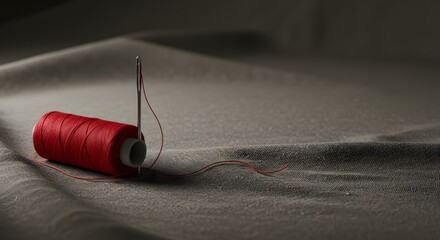 Red Thread and Needle on Fabric Close-Up Photography