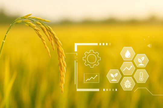 AI generated image of golden rice with digital overlay showing smart agriculture data on moisture sunlight temperature and pest control in warm natural setting - Powered by Adobe