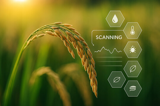 AI generated image of ripe rice close up in field with glowing HUD interface scanning moisture sunlight temperature pest and nutrient data for precision agriculture and digital analysis