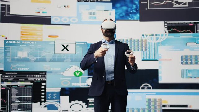 Modern businessman employs virtual reality headset in a digital environment focused on performance metrics, strategic planning through technology and analytics. Firm forecasting. Camera B. - Powered by Adobe