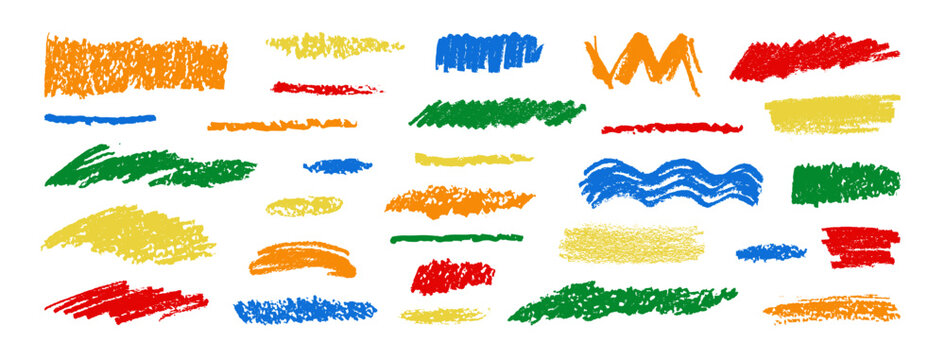 Crayon pencil lines set. Vector chalk texture brush strokes. Hand drawn scribbles. Multicolor charcoal lines collection. Colorful highlights and unserlines pack. Kid pen marks. Rough edge scribble bg
