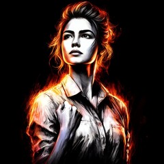 Dramatic portrait of determined woman set against a dark backdrop with fiery artistic effect