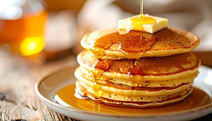 Fluffy Golden Pancakes, Melting Butter and Syrup