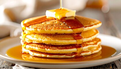 Appetizing Golden Pancakes, Syrup and Butter