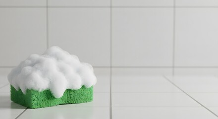Cleaning Sponge with Abundant Soap Suds on a White Tile Surface