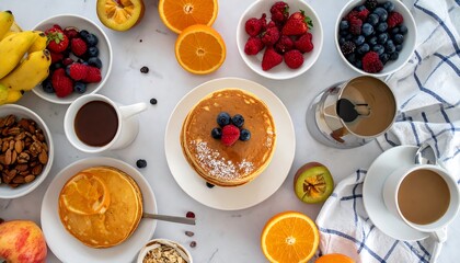 Full Breakfast Table, Pancakes Fruits Coffee