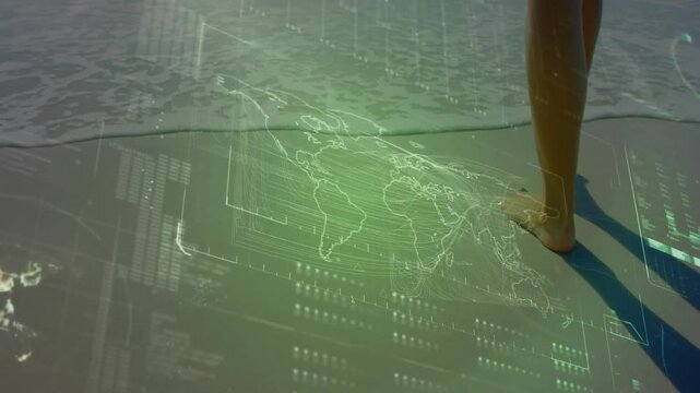 Female figure placing foot on holographic map, rippling data grid and responding to rising waves